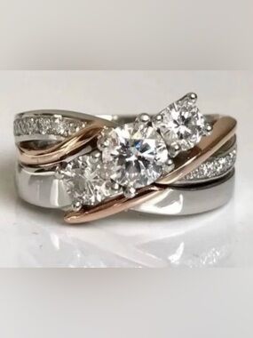 3-Stone CZ Bridal Set Ring – Two-Tone White Gold Plated – Size 6 – High Sparkle